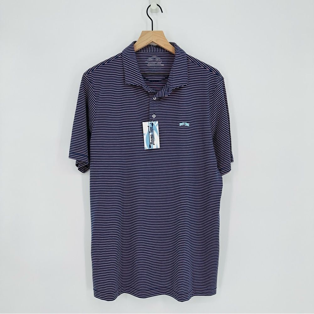Rising Tide Stripe Performance Polo Shirt Short Sleeve Navy Pink Men's Large NEW